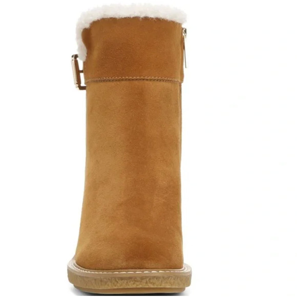 Franco Sarto Ulayna Ankle Bootie 10 NWOT Wedge Heel Tan Suede Boots Sherpa - Picture 4 of 11